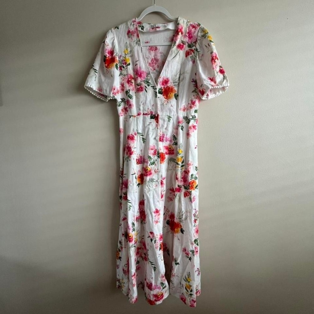 Zara White Floral Linen Midi Dress Puff Sleeve XS Cottagecore Romantic